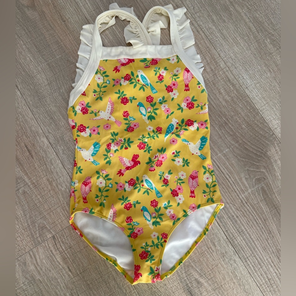 Boden Kids Yellow Bird Print One-Piece Swimsuit 7–8Y